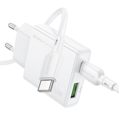 Мрежово зарядно устройство с USB-C кабел Borofone BN25 Wish, 30W, 3A, 1 x USB-A - 1 x USB-C, бяло 