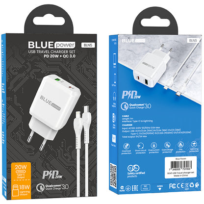 BLUE Power BLN5, 20W, 3A, 1 x USB-A - 1 x USB-C, бял