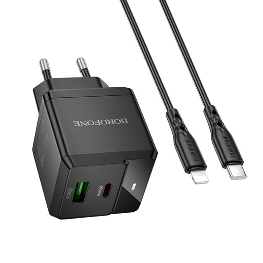 Зарядно за мрежа с кабел Lightning Borofone BN19 Intenso, 20W, 3A, 1 x USB-A - 1 x USB-C, Черно