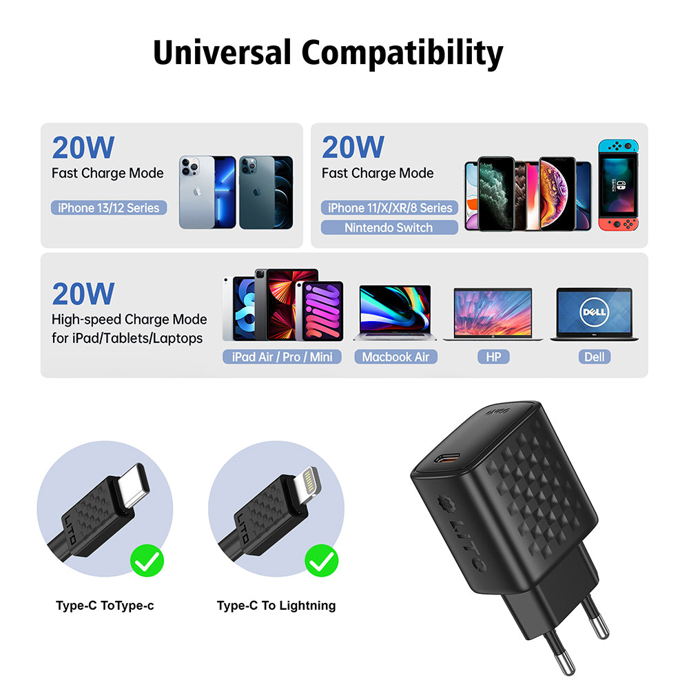 Зарядно за мрежа с кабел Lightning Lito LC13L, 20W, 3A, 1 x USB-C, Черно