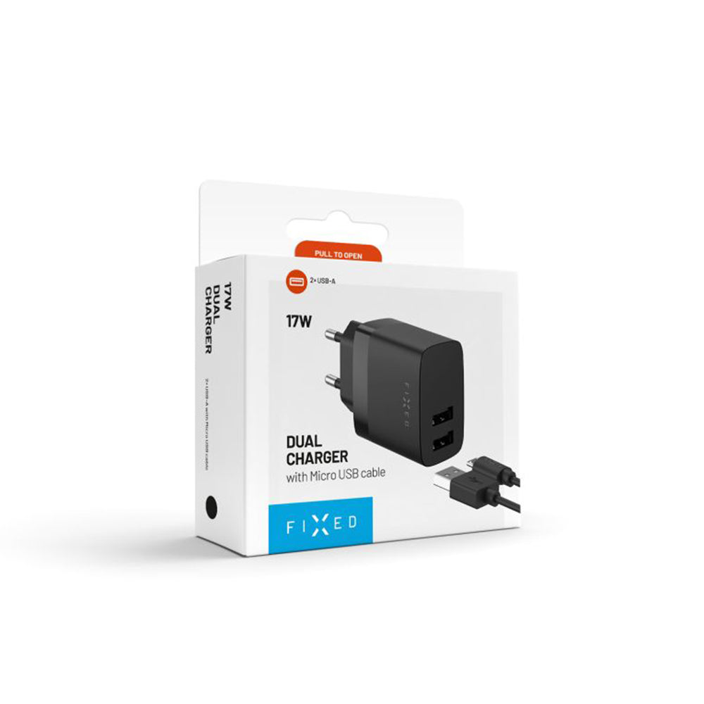 Зарядно за мрежа с microUSB кабел Fixed, 17W, 3A, 2 x USB-A, Черно