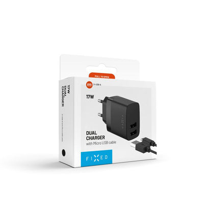 Зарядно за мрежа с microUSB кабел Fixed, 17W, 3A, 2 x USB-A, Черно