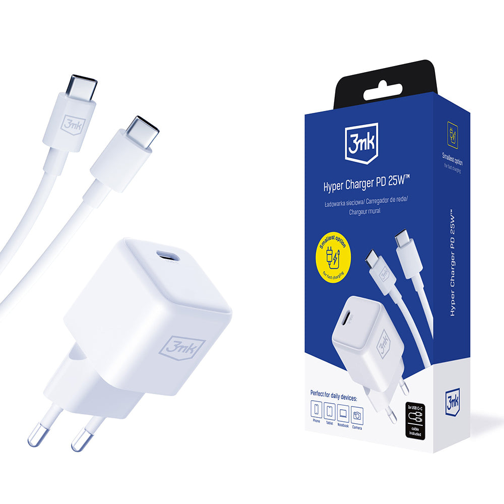 Зарядно за мрежа с USB-C кабел 3MK Hyper, 25W, 3A, 1 x USB-C, Бяло