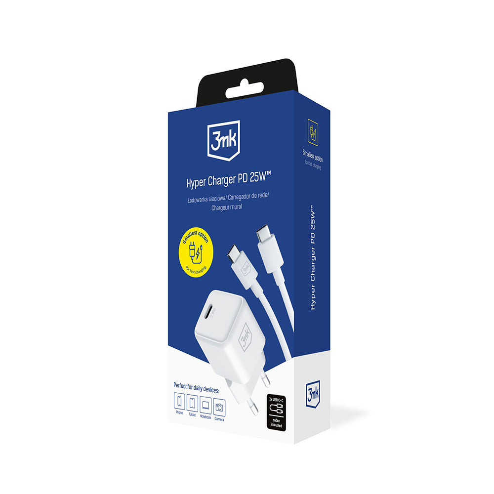 Зарядно за мрежа с USB-C кабел 3MK Hyper, 25W, 3A, 1 x USB-C, Бяло