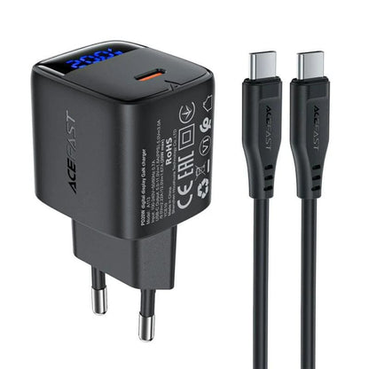 Мрежово зарядно устройство с USB-C кабел Acefast A113 Display, 20W, 3A, 1 x USB-C, Черно