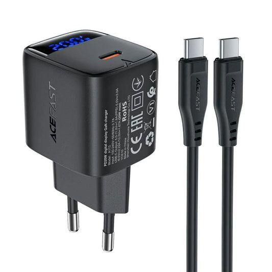 Мрежово зарядно устройство с USB-C кабел Acefast A113 Display, 20W, 3A, 1 x USB-C, Черно