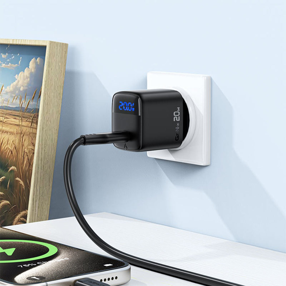 Мрежово зарядно устройство с USB-C кабел Acefast A113 Display, 20W, 3A, 1 x USB-C, Черно