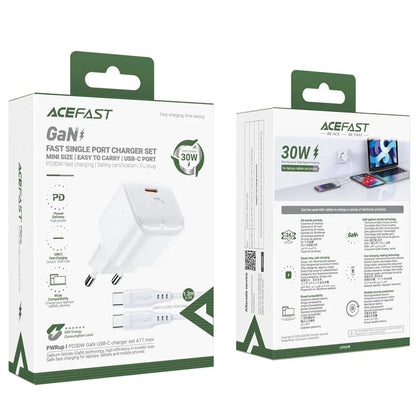 Мрежово зарядно устройство с USB-C кабел Acefast A77, 30W, 3A, 1 x USB-C, Бяло