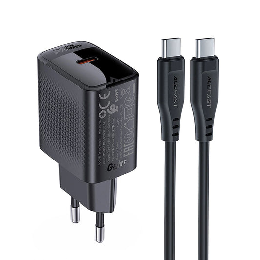 Мрежово зарядно устройство с USB-C кабел Acefast A82, 20W, 3A, 1 x USB-C, Черно
