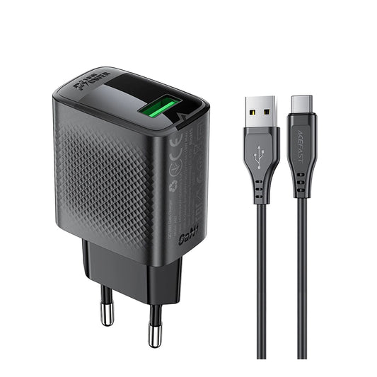 Мрежово зарядно с USB-C кабел Acefast A90, 18W, 3A, 1 x USB-A, Черно