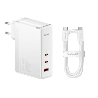 Мрежов зарядно устройство с USB-C кабел Baseus GaN5 Pro, 140W, 5A, 1 x USB-A - 2 x USB-C, Бяло CCGP100202