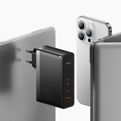 Мрежов зарядно устройство с USB-C кабел Baseus GaN5 Pro, 140W, 5A, 1 x USB-A - 2 x USB-C, Бяло CCGP100202