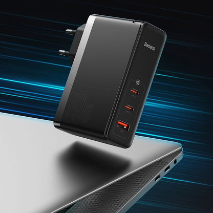 Мрежов зарядно устройство с USB-C кабел Baseus GaN5 Pro, 140W, 5A, 1 x USB-A - 2 x USB-C, Бяло CCGP100202