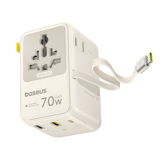 Мрежово зарядно с USB-C кабел Baseus Travel EnerCore CG11, 70W, 2 x контакт - 1 x USB-C - 2 x USB-A, бял E0307E01