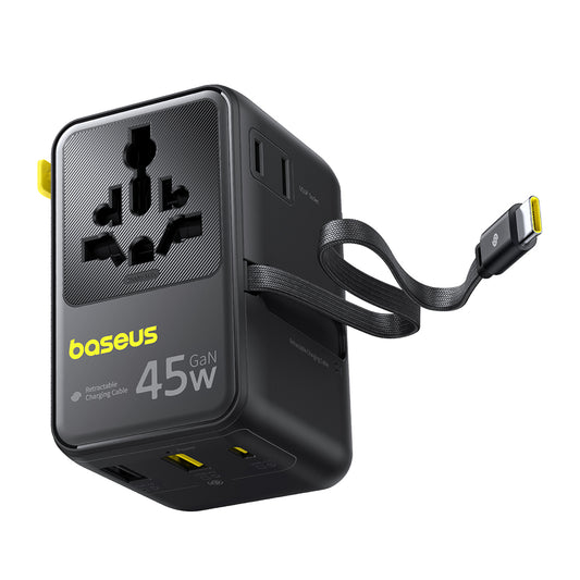 Мрежово зарядно с USB-C кабел Baseus Travel PicoGo AG11, 45W, 2 x контакт - 1 x USB-C - 2 x USB-A, черно E0307F00