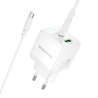 Зарядно за мрежа с USB-C кабел Borofone BN19 Intenso, 20W, 3A, 1 x USB-A - 1 x USB-C, Бяло