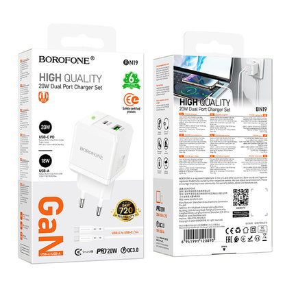 Зарядно за мрежа с USB-C кабел Borofone BN19 Intenso, 20W, 3A, 1 x USB-A - 1 x USB-C, Бяло