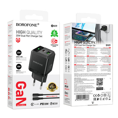 Зарядно за мрежа с USB-C кабел Borofone BN19 Intenso, 20W, 3A, 1 x USB-A - 1 x USB-C, Черно