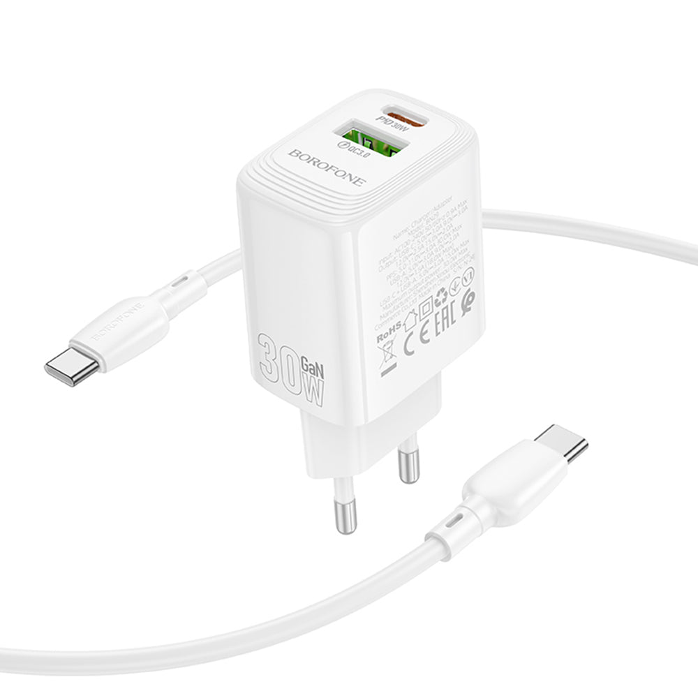 Network Charger with USB-C Cable Borofone BN29 Fuente, 30W, 3A, 1 x USB-A - 1 x USB-C, White