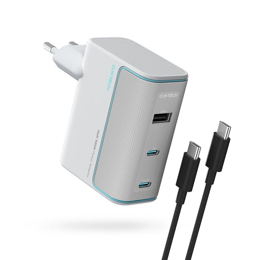Мрежово зарядно с USB-C кабел Cuktech, 100W, 5A, 1 x USB-A - 2 x USB-C, бяло CKAD1003EUGW