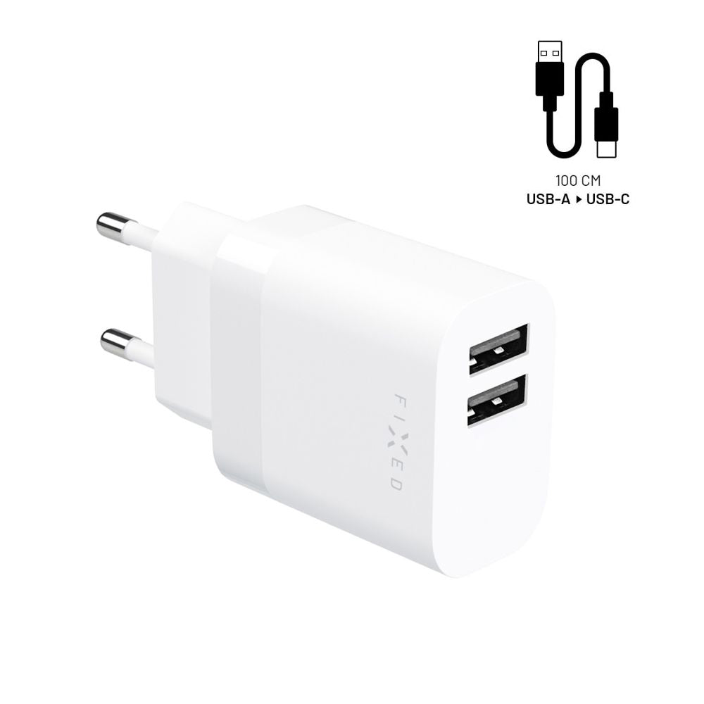Зарядно за мрежа с USB-C кабел Fixed, 17W, 3A, 2 x USB-A, Бяло