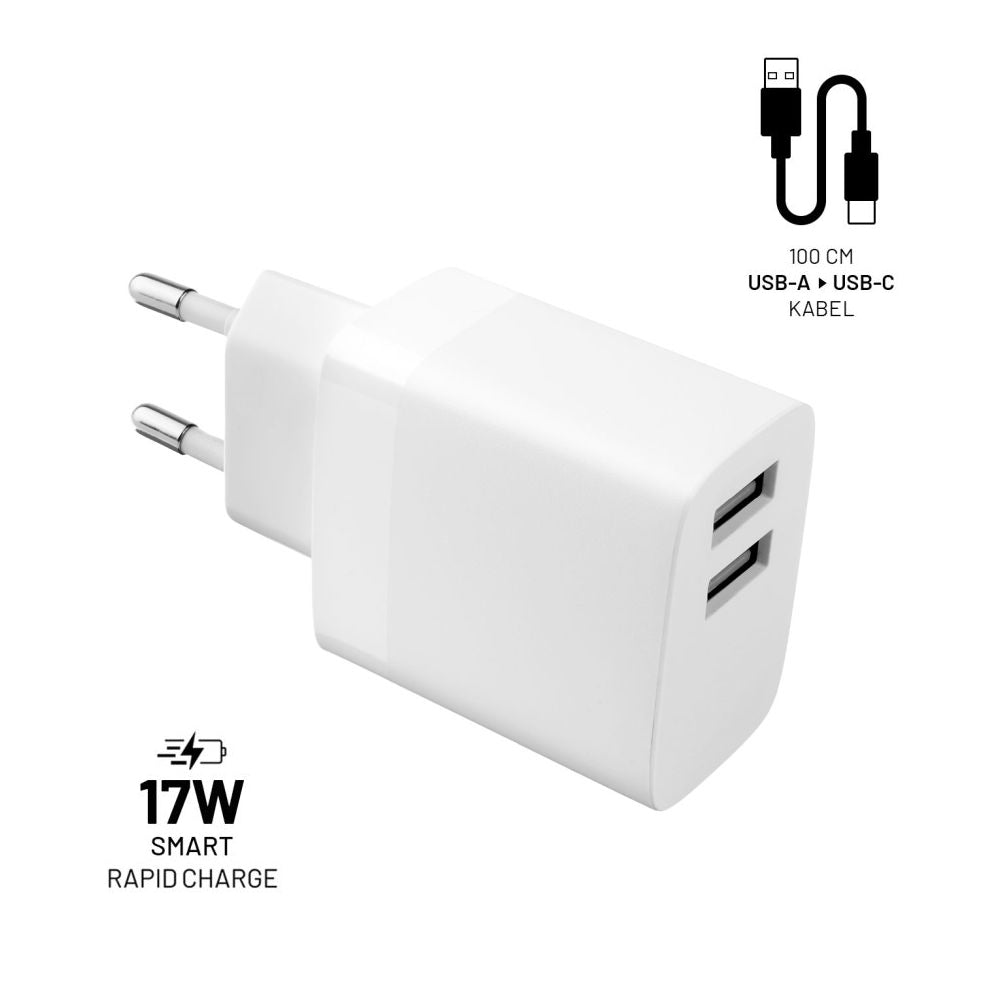 Зарядно за мрежа с USB-C кабел Fixed, 17W, 3A, 2 x USB-A, Бяло