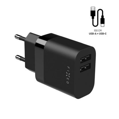 Зарядно за мрежа с USB-C кабел Fixed, 17W, 3A, 2 x USB-A, Черно