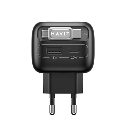 Мрежов зарядно с USB-C кабел HAVIT UC251, 35W, 3A, 1 x USB-A - 1 x USB-C, Черно Сиво