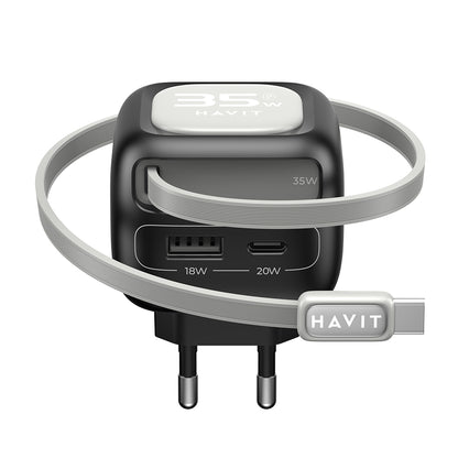 Мрежов зарядно с USB-C кабел HAVIT UC251, 35W, 3A, 1 x USB-A - 1 x USB-C, Черно Сиво