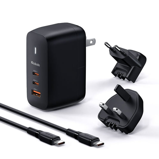 Зарядно за мрежа с USB-C кабел McDodo CH-8442 Mecha Travel, 65W, 5A, 1 x USB-A - 2 x USB-C, Черно