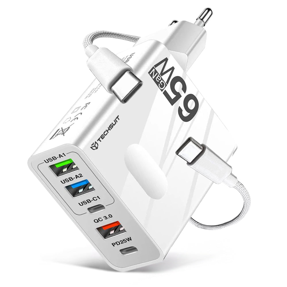 Network Charger with USB-C Cable Techsuit CHC1 PentaXPower, 25W, 3A, 3 x USB-A - 2 x USB-C, White