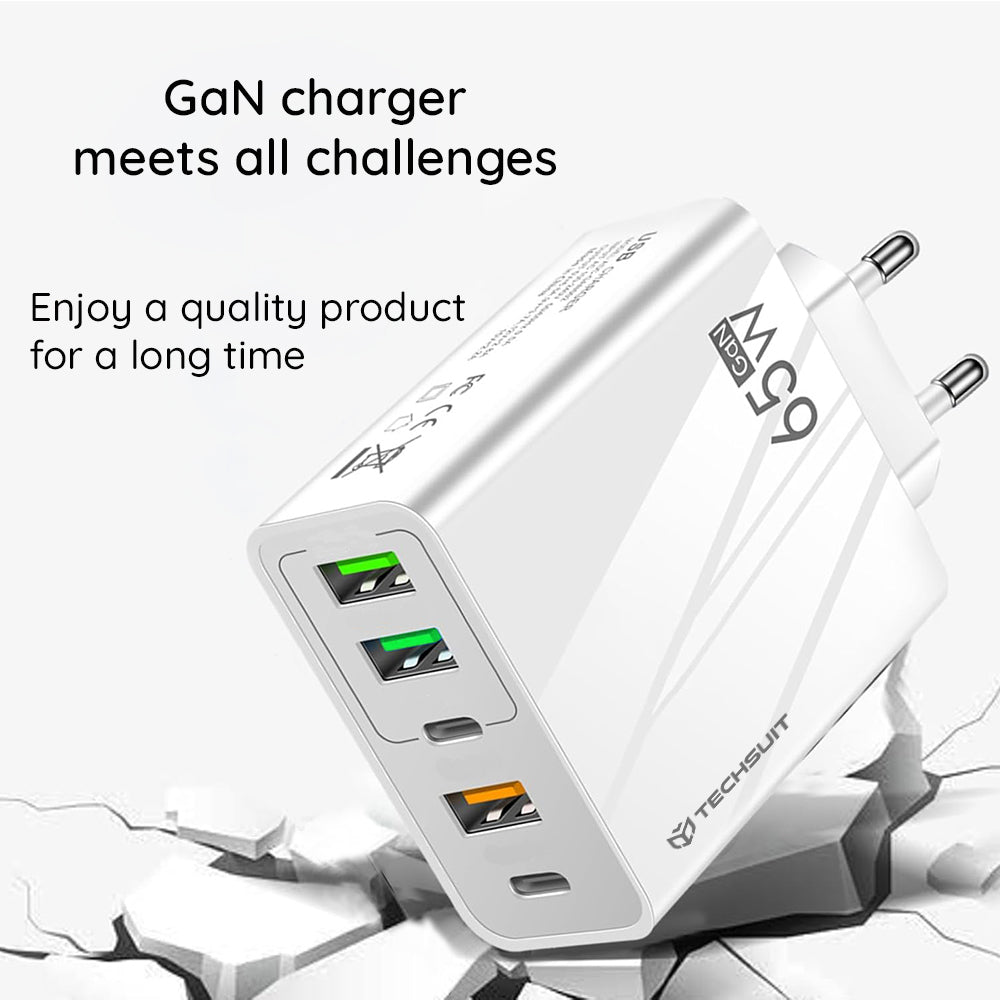 Мрежово зарядно с USB-C кабел Techsuit CHC2 PentaXPower, 20W, 3A, 3 x USB-A - 2 x USB-C, Бяло