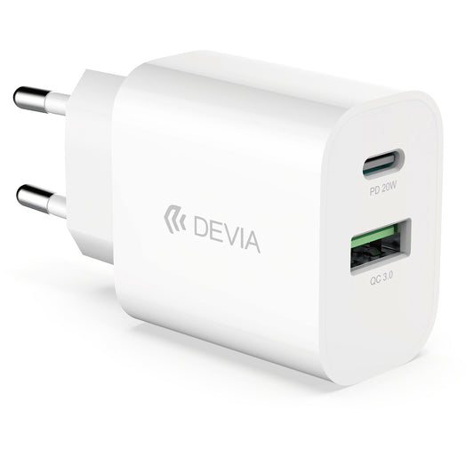 DEVIA RLC-389 Мрежово зарядно устройство, 20W, 3A, 1 x USB-A - 1 x USB-C, бяло 