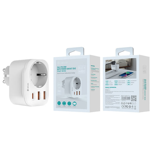 Зарядно за мрежа DEVIA WW09-F-PD, 20W, 3A, 2 x USB-A - 1 x USB-C - 1 x Schuko, Бяло