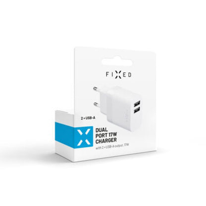 Зарядно устройство Fixed за мрежа, 17W, 3A, 2 x USB-A, Бяло
