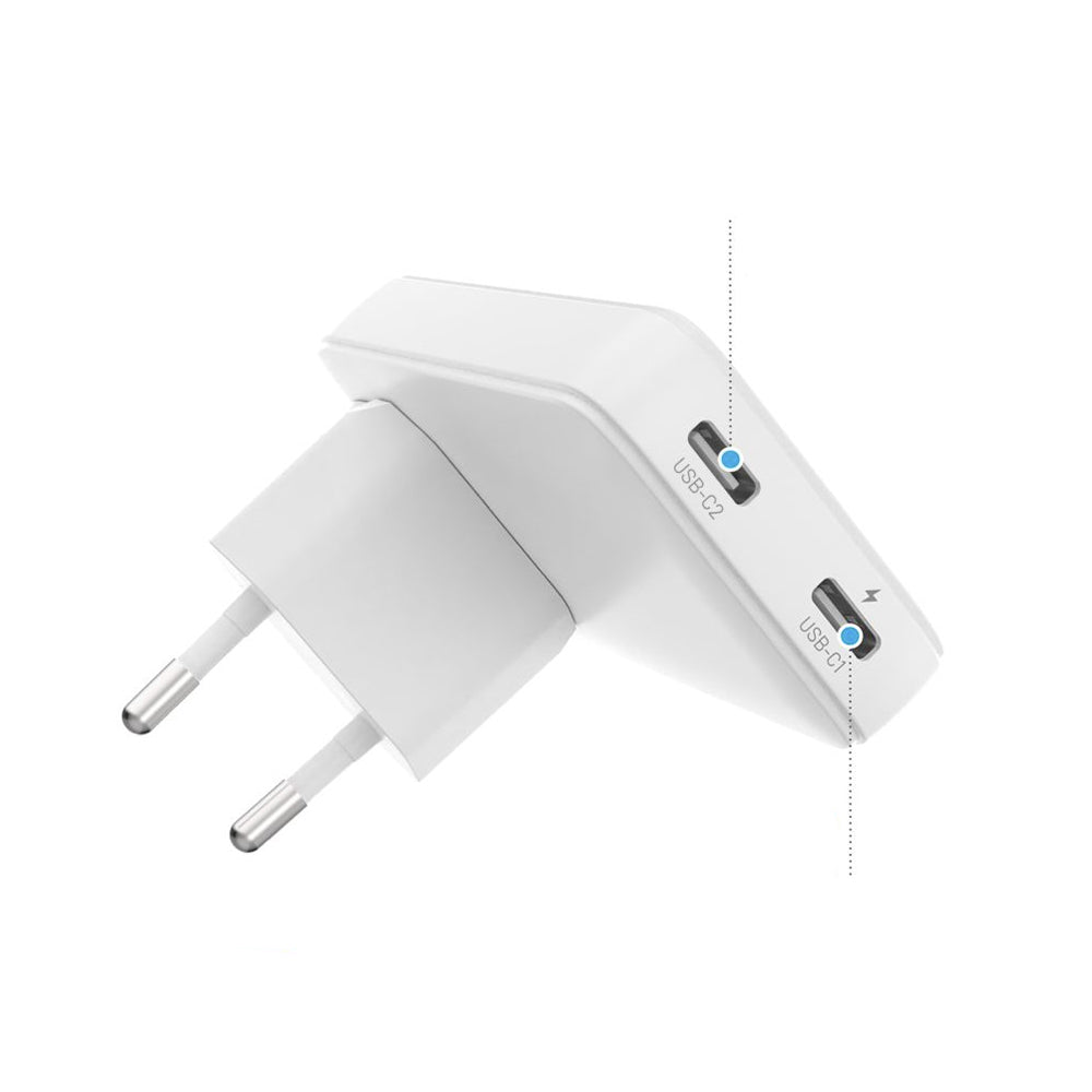 Зарядно устройство Fixed Travel, 45W, 3A, 2 x USB-C, Бяло