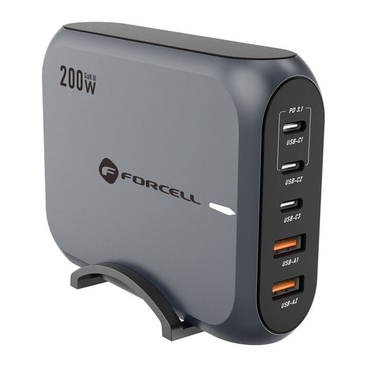 Мрежово зарядно устройство Forcell F-ENERGY GaN III VT-51, 200W, 5A, 2 x USB-A - 3 x USB-C, сиво 