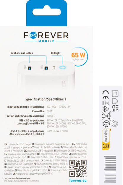 Мрежово зарядно устройство Forever TC-06-65CC, 65W, 3,25A, 2 x USB-C, бяло 