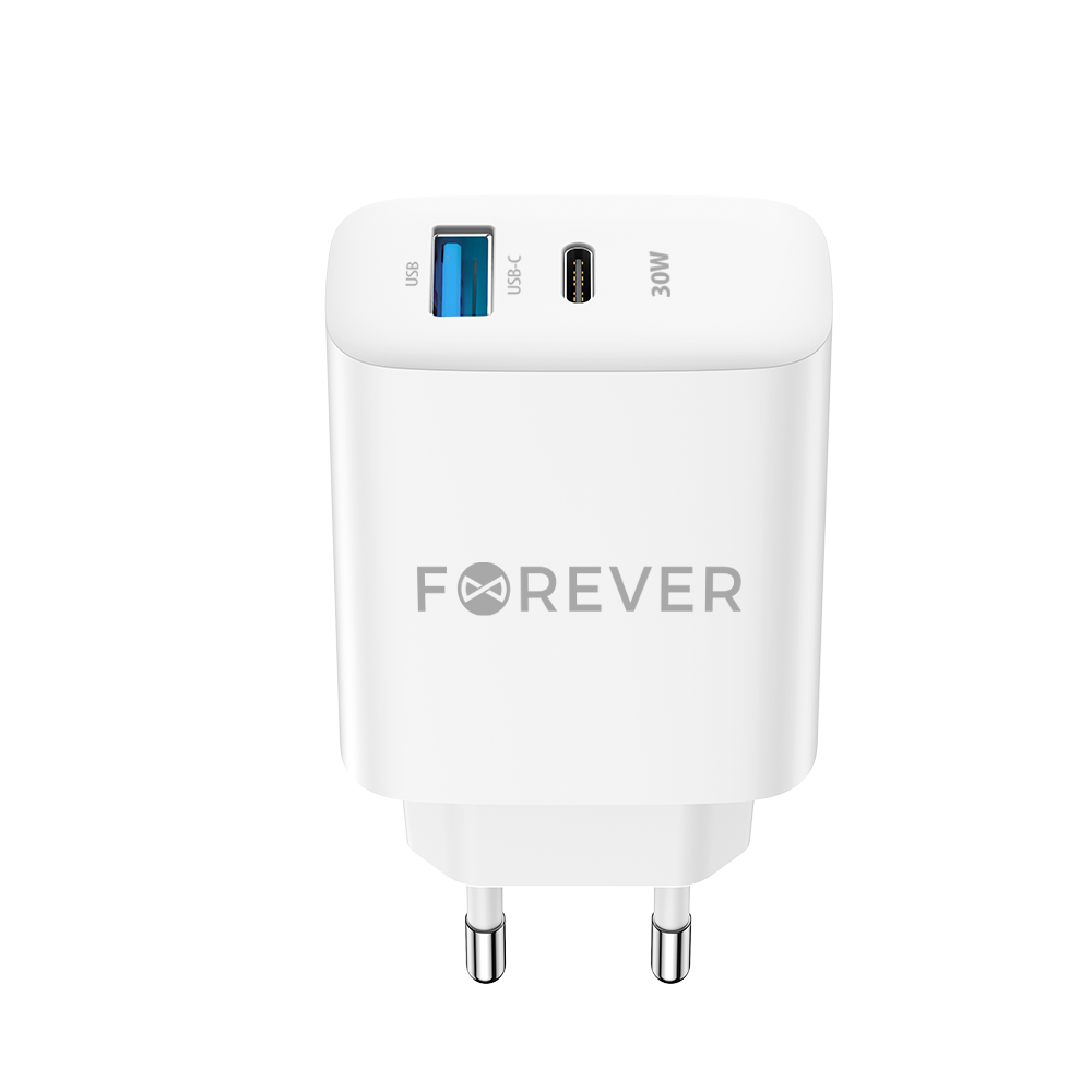 Мрежово зарядно устройство Forever TC-07-30AC, 30W, 3A, 1 x USB-A - 1 x USB-C, бяло