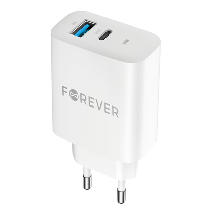 Мрежово зарядно устройство Forever TC-07-30AC, 30W, 3A, 1 x USB-A - 1 x USB-C, бяло