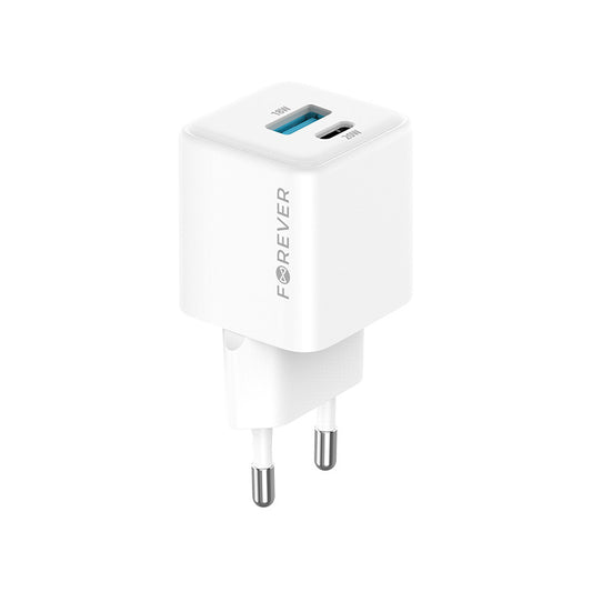 Зарядно устройство за мрежа Forever TC-08-20AC, 20W, 3A, 1 x USB-A - 1 x USB-C, Бяло