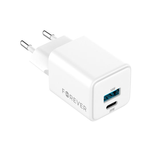 Зарядно устройство за мрежа Forever TC-08-20AC, 20W, 3A, 1 x USB-A - 1 x USB-C, Бяло
