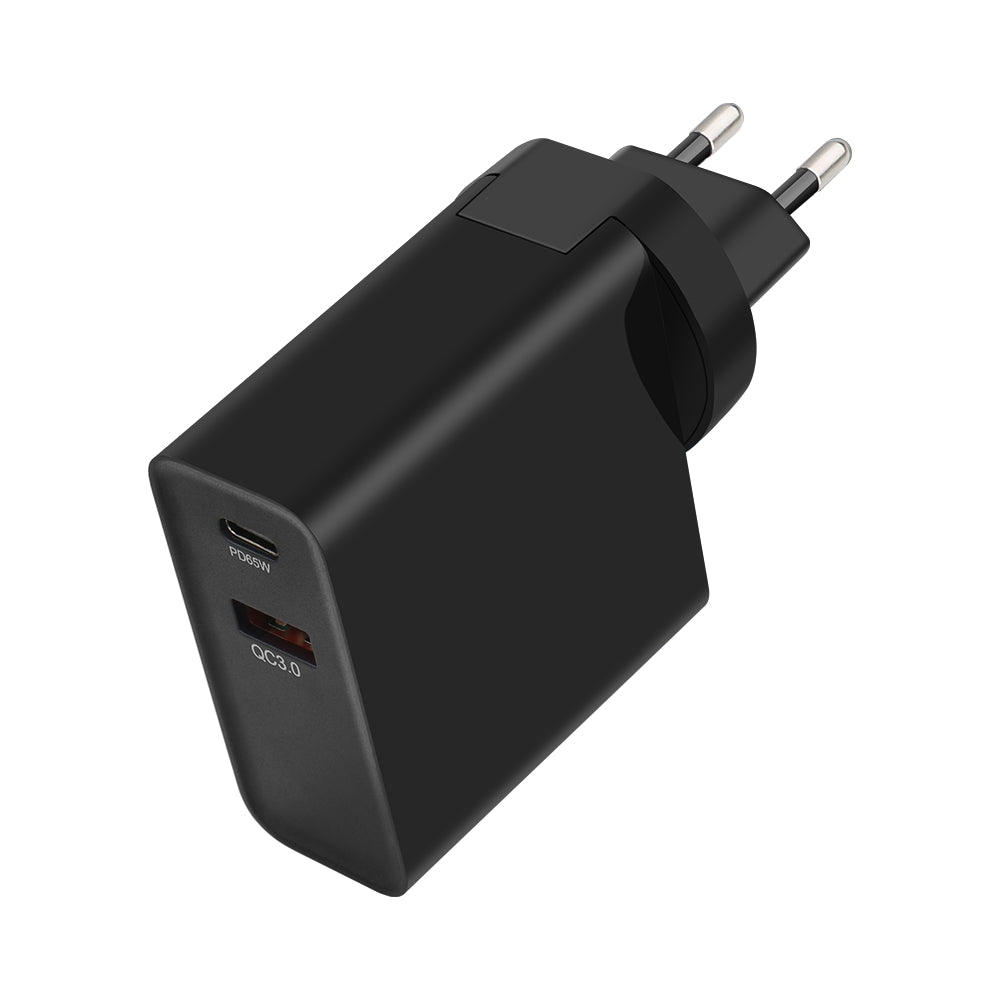 Мрежово зарядно устройство GVDA, 65W, 3A, 1 x USB-A - 1 x USB-C, черно 