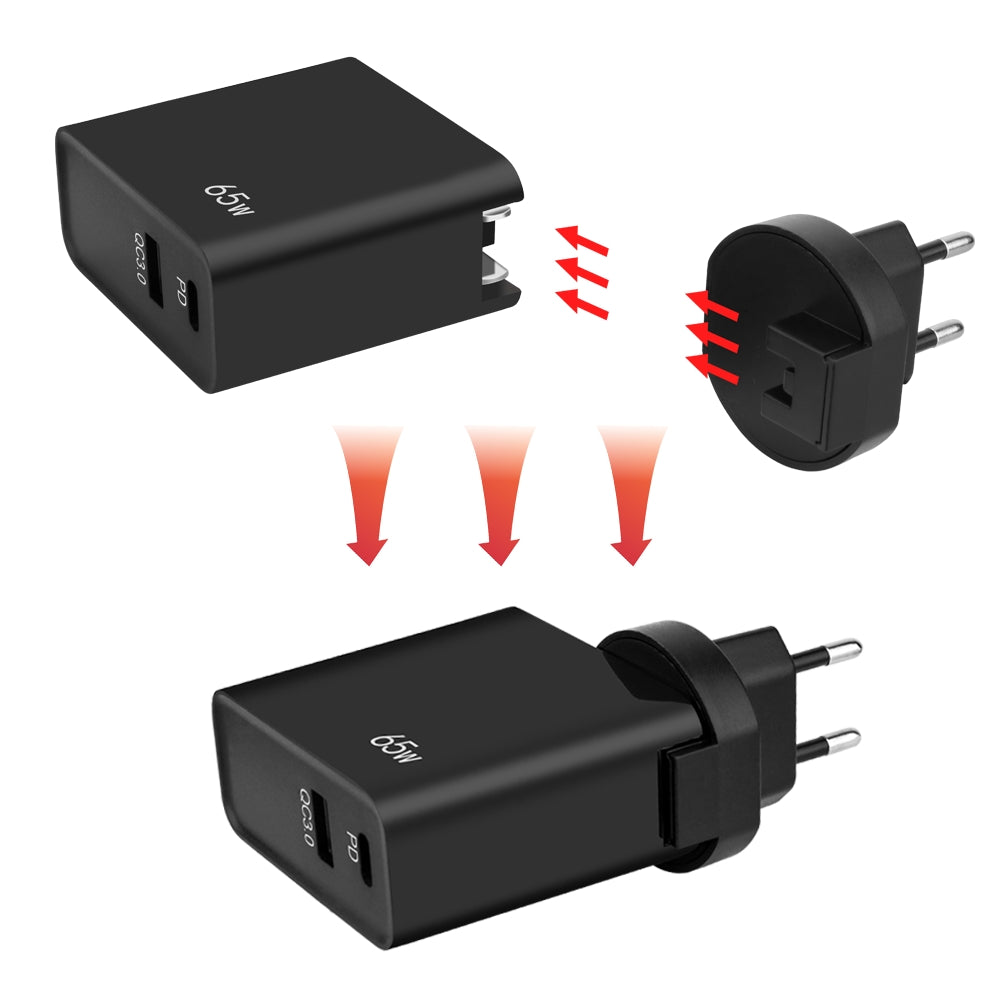 Мрежово зарядно устройство GVDA, 65W, 3A, 1 x USB-A - 1 x USB-C, черно 