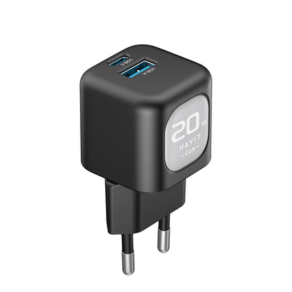 Зарядно за мрежа HAVIT UC220, 20W, 3A, 1 x USB-A - 1 x USB-C, Черно Сиво