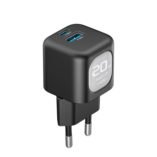 Зарядно за мрежа HAVIT UC220, 20W, 3A, 1 x USB-A - 1 x USB-C, Черно Сиво