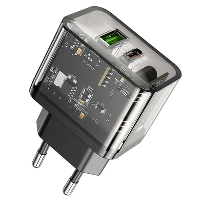 Зарядно устройство за мрежа HOCO N34, 20W, 3A, 1 x USB-A - 1 x USB-C, Прозрачно