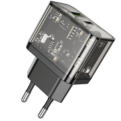 Зарядно устройство за мрежа HOCO N34, 20W, 3A, 1 x USB-A - 1 x USB-C, Прозрачно