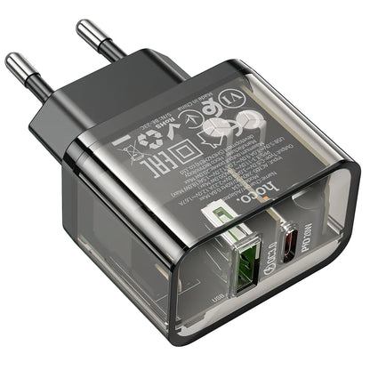 Зарядно устройство за мрежа HOCO N34, 20W, 3A, 1 x USB-A - 1 x USB-C, Прозрачно