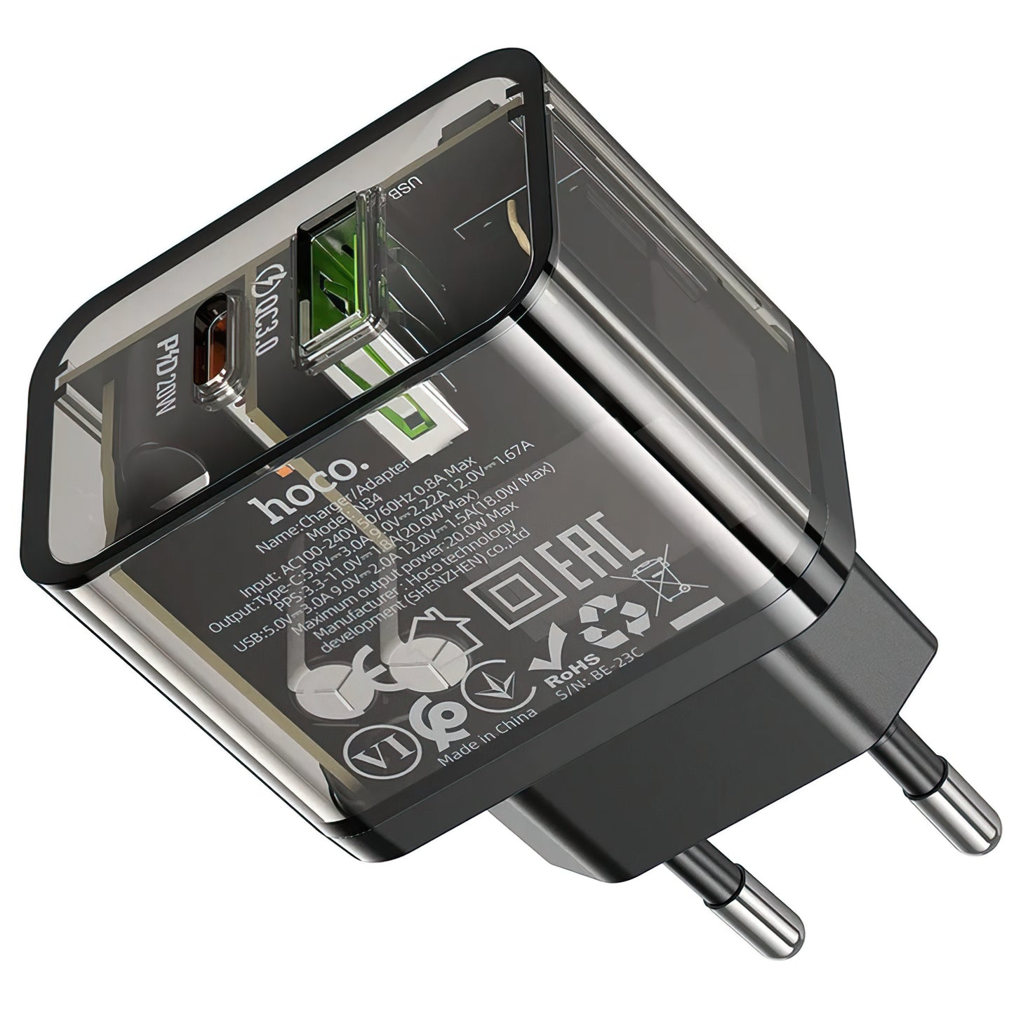 Зарядно устройство за мрежа HOCO N34, 20W, 3A, 1 x USB-A - 1 x USB-C, Прозрачно